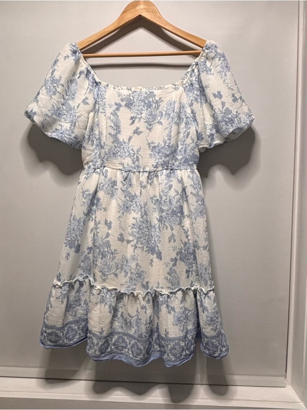 Blu Pepper Dress Blue White Cottagecore Floral Puff Sleeve Lined Women Size S